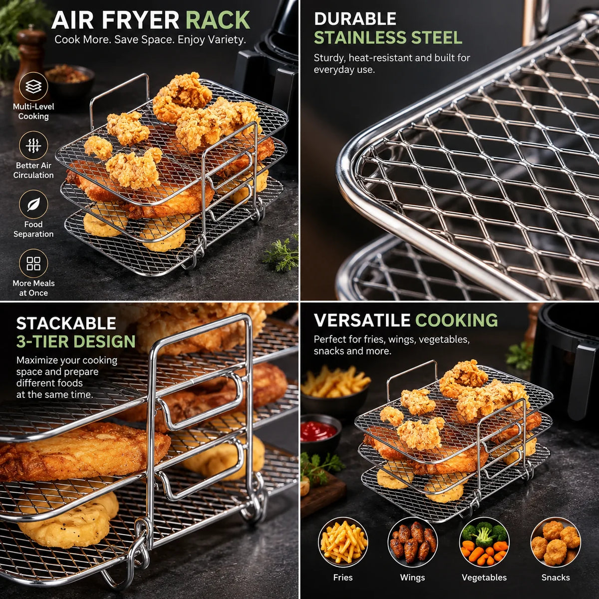 Air Fryer Rack Stackable 3-Tier Stainless Steel