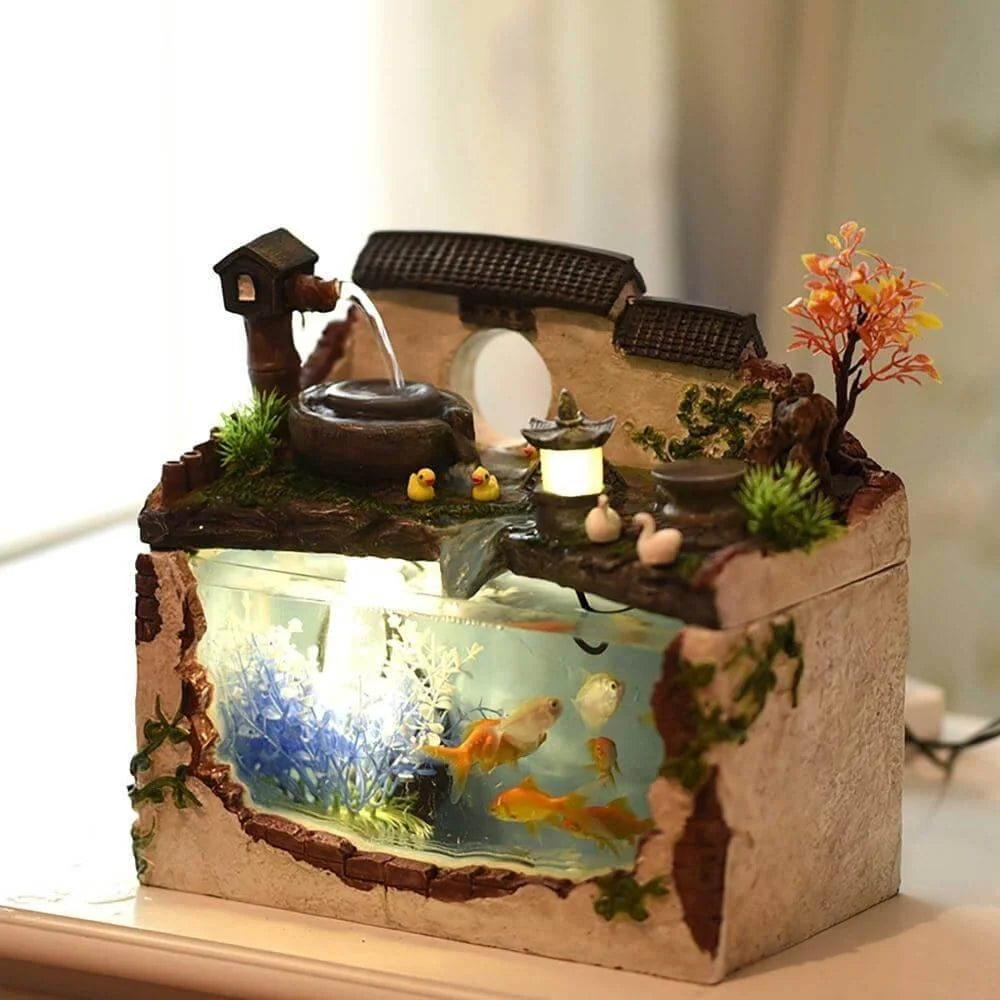 Aquarium Glass Built-In Fountain Tropical Design