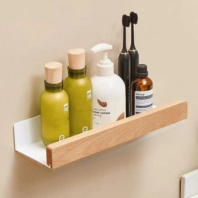Bathroom Wall Shelf Solid Wood No-Drill Mounting & Moisture-Resistant