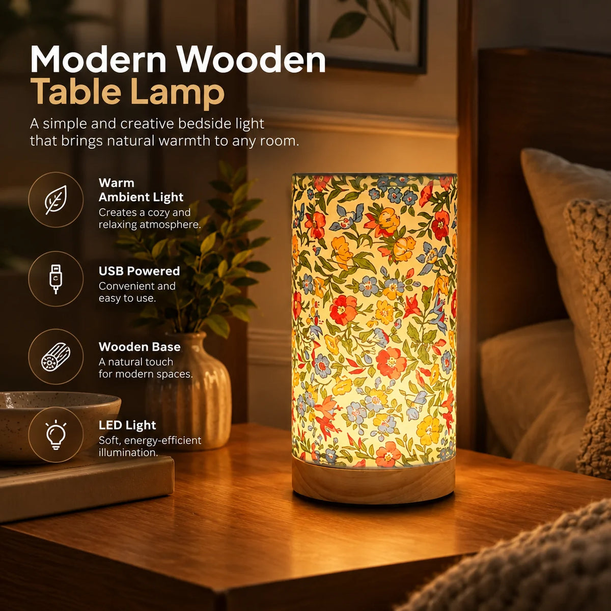 Bedside Lamp Solid Wood Base Linen Shade USB Powered