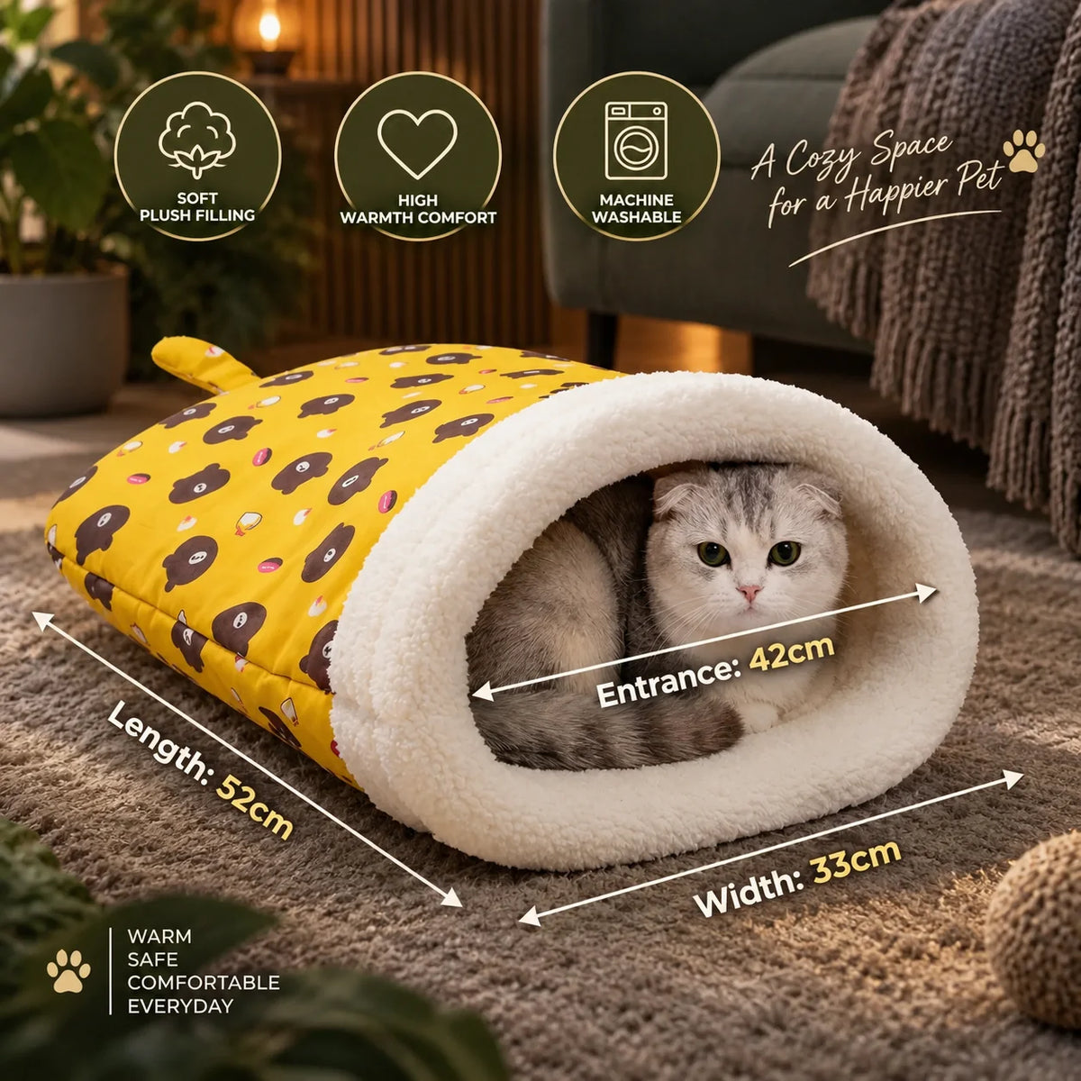 Cat Bed Semi-Enclosed Plush-Lined Machine Washable