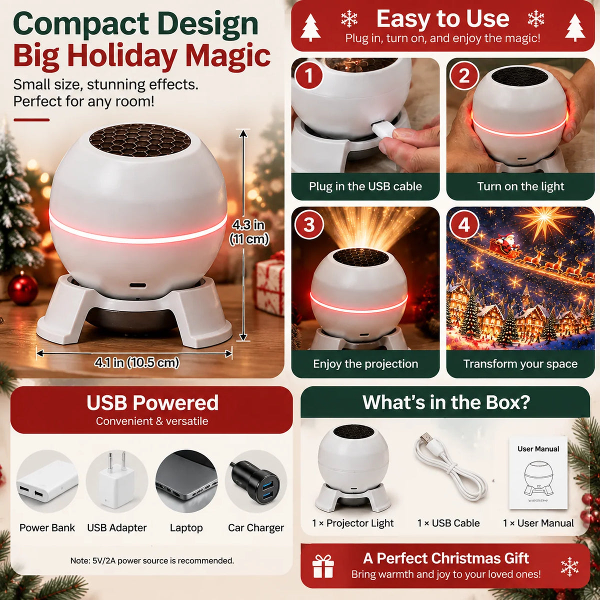 Christmas Light Projector Moving Projections USB Powered Compact Design