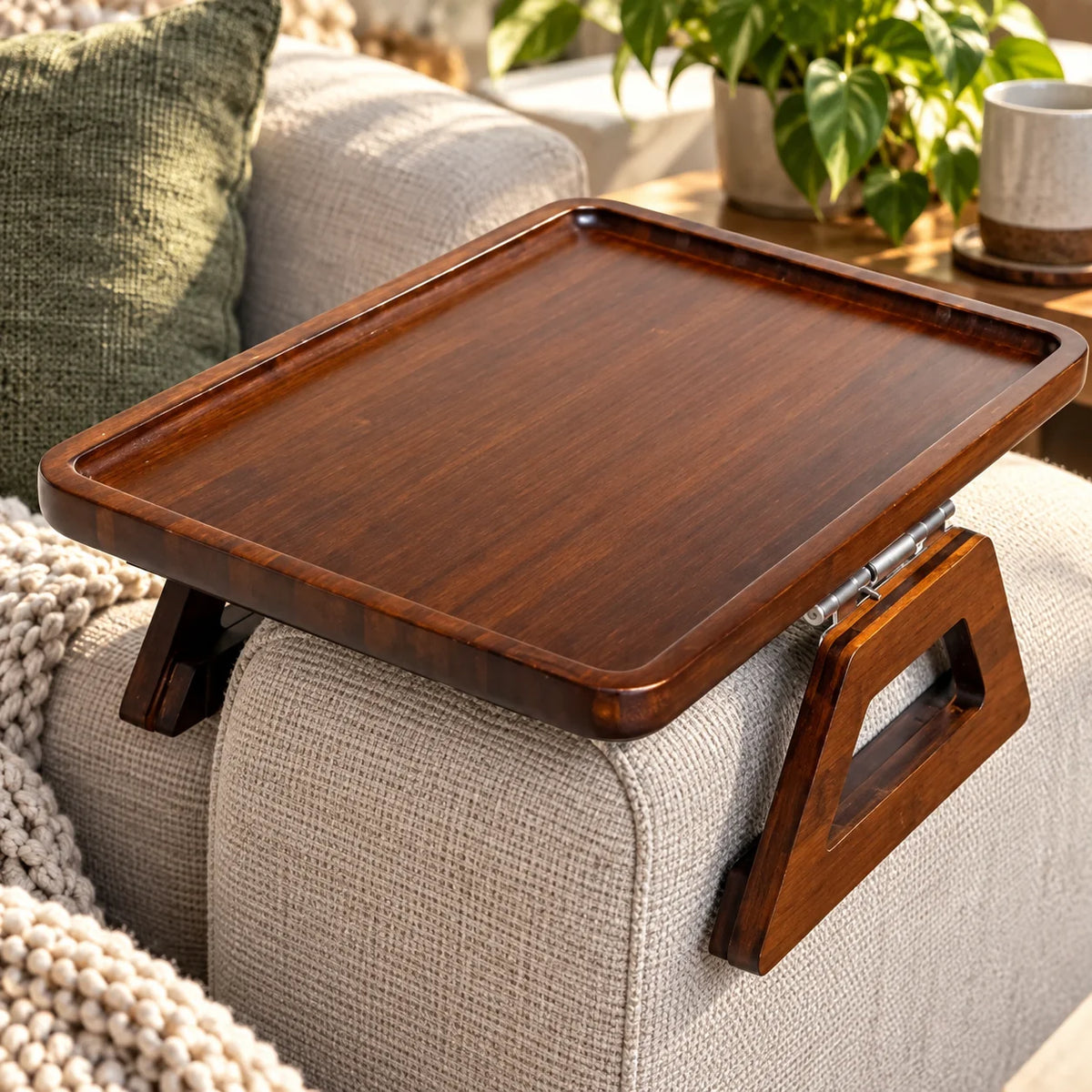Clip-On Couch Arm Tray Table Bamboo Adjustable Clamp