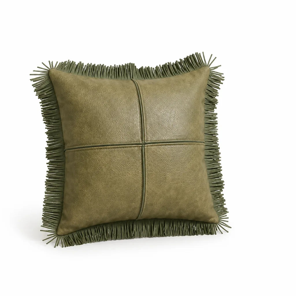 Cushion Cover Oil-Waxed Faux Leather Fringe