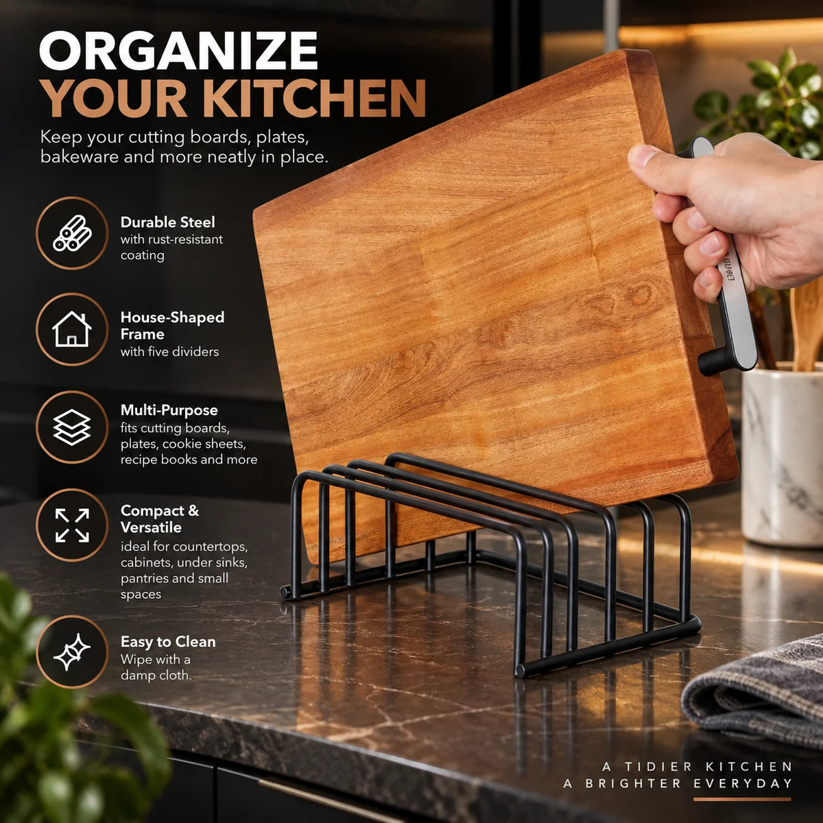 Cutting Board Organizer Upright 5-Slot Steel & Rust-Resistant