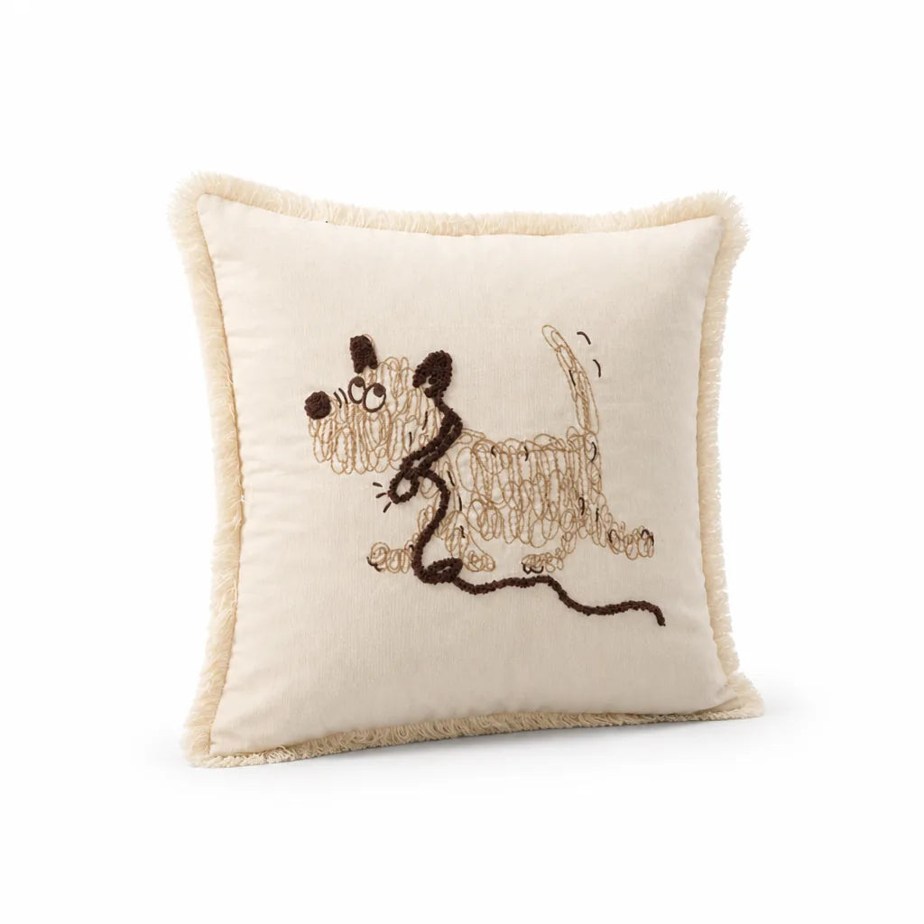 Decorative Pillow Cover Embroidered Dog Fringed Cotton-Linen