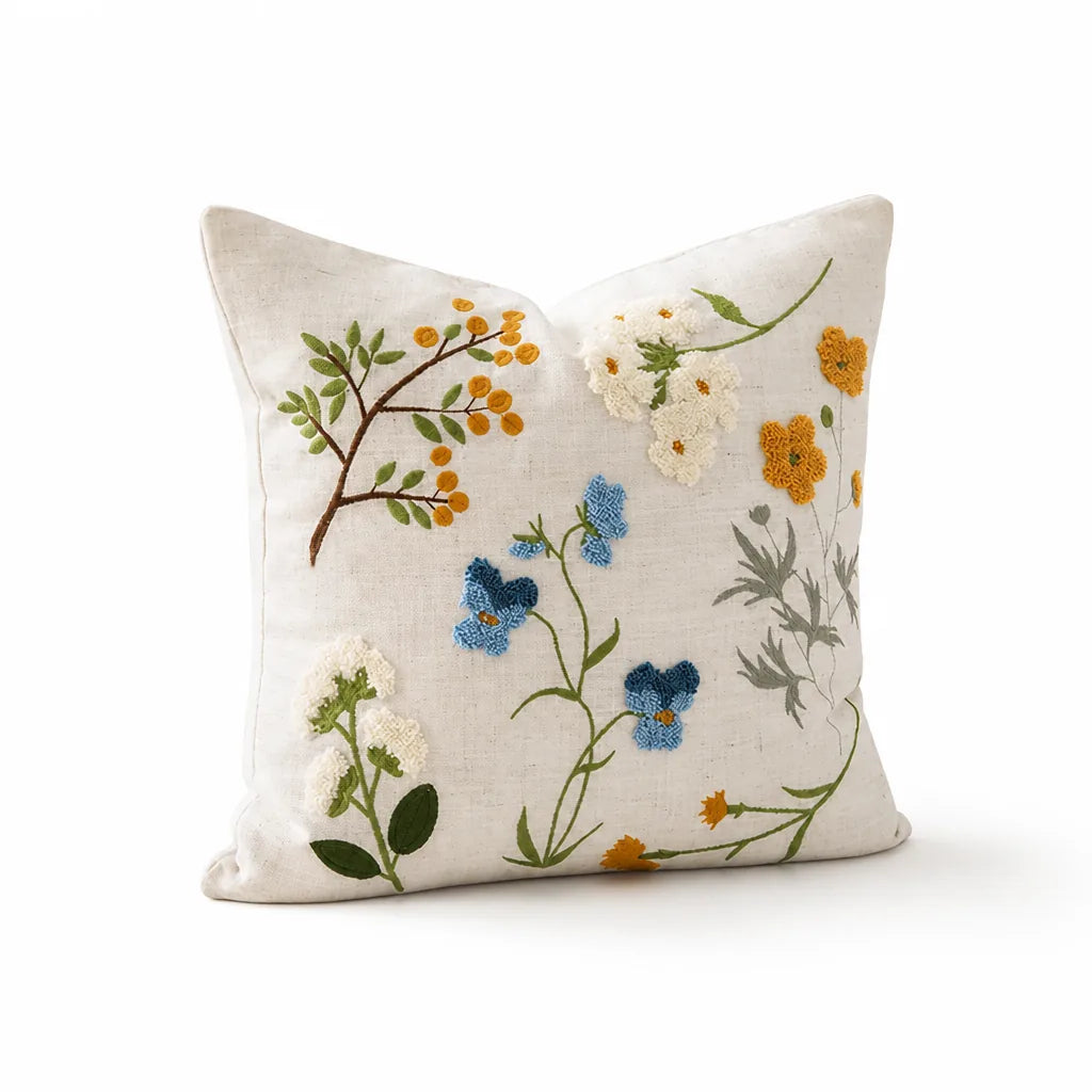 Decorative Pillow Linen Floral Embroidery Removable Cover