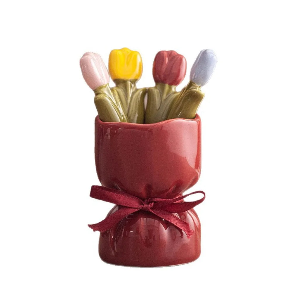Dessert Fork Set Tulip-Shaped Stainless Steel With Ceramic Jar