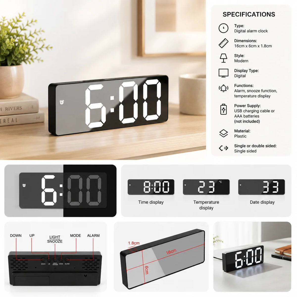Digital Alarm Clock LED Time, Date & Temperature