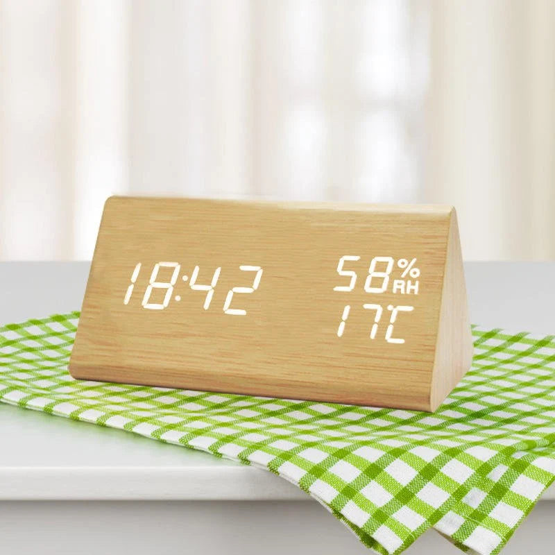 Digital Clock Wood-Look LED Time & Temperature Display Adjustable Brightness