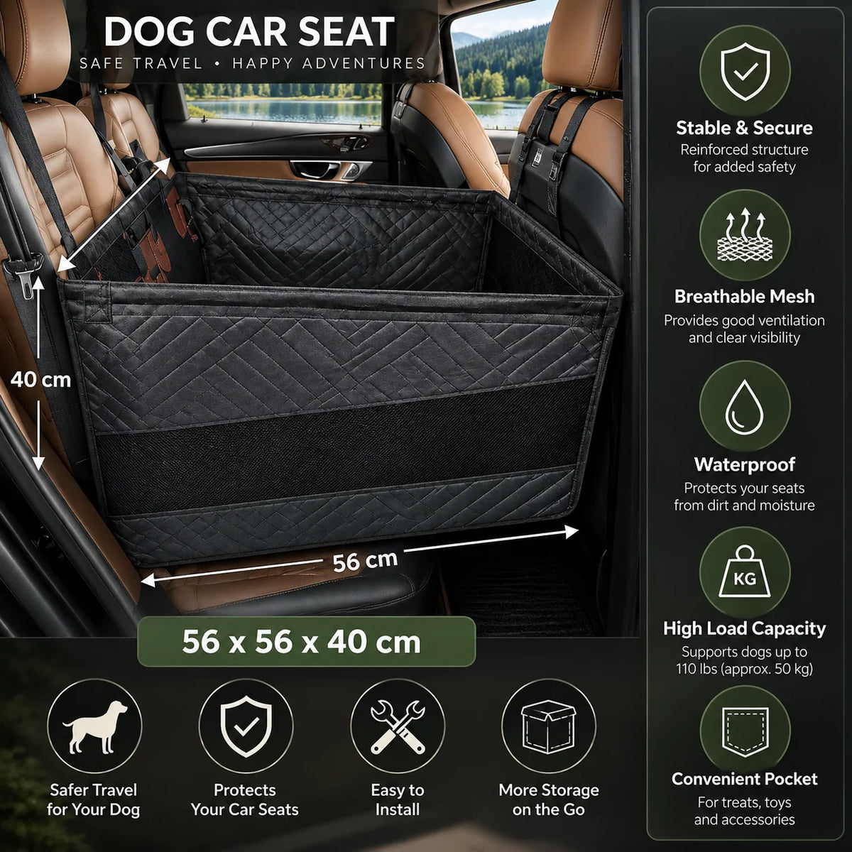 Dog Car Seat Hard Base Water-Repellent & Padded Walls