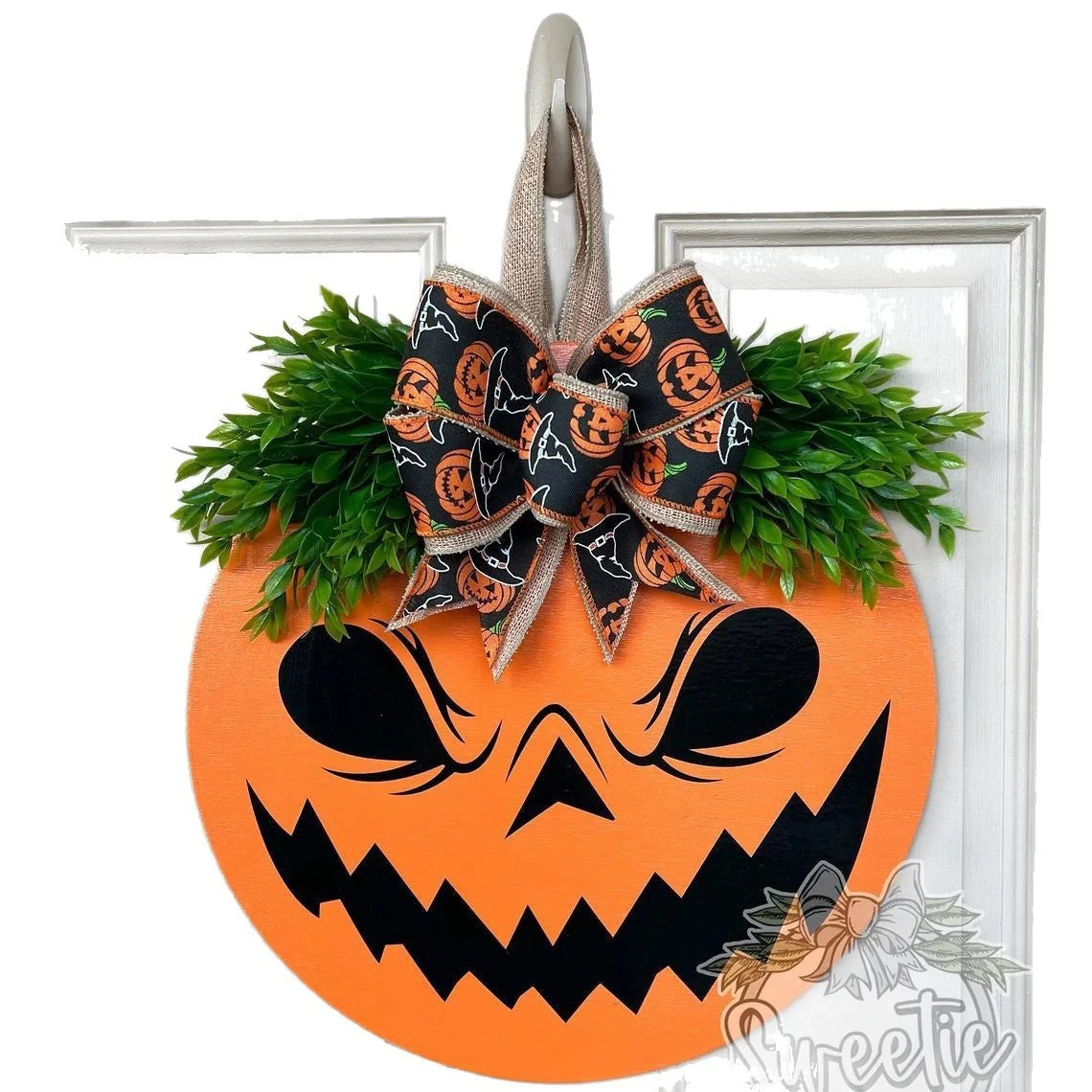 Door Hanger Wooden Pumpkin Face Ribbon Hanger