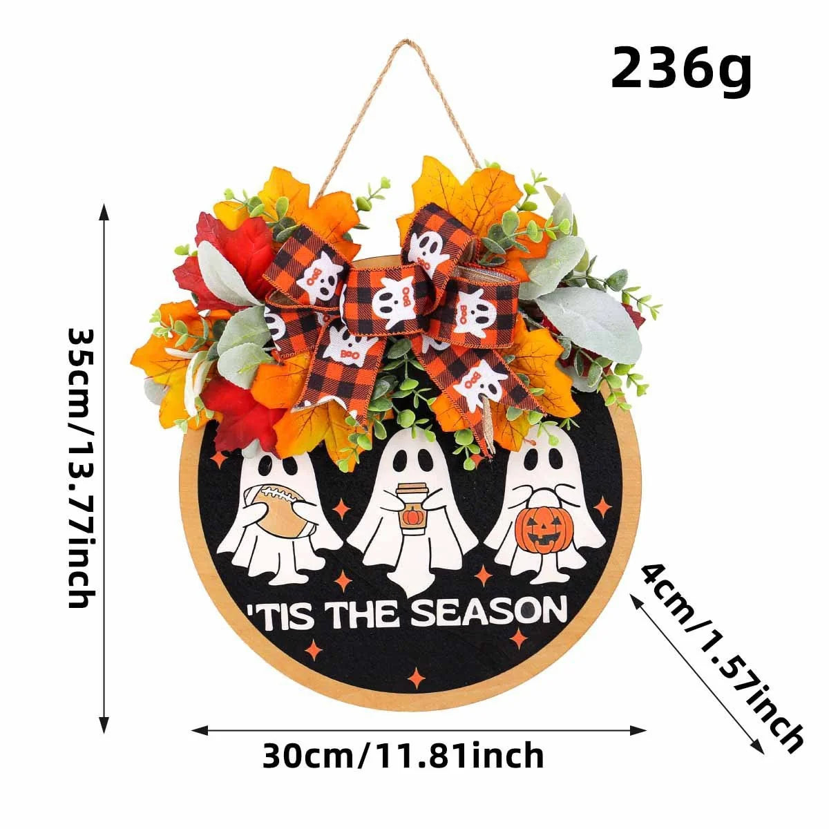 Door Wreath Ghost Motif & Autumn Foliage Weather-Resistant