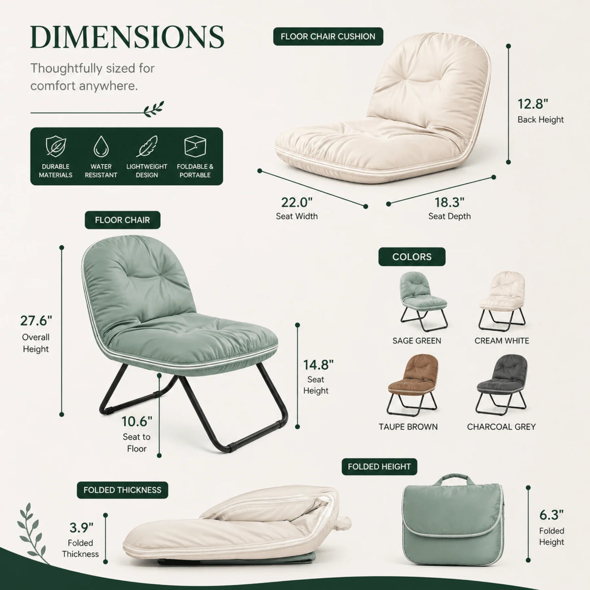 Floor Chair Foldable Waterproof Vegan Leather 109-Degree Recline