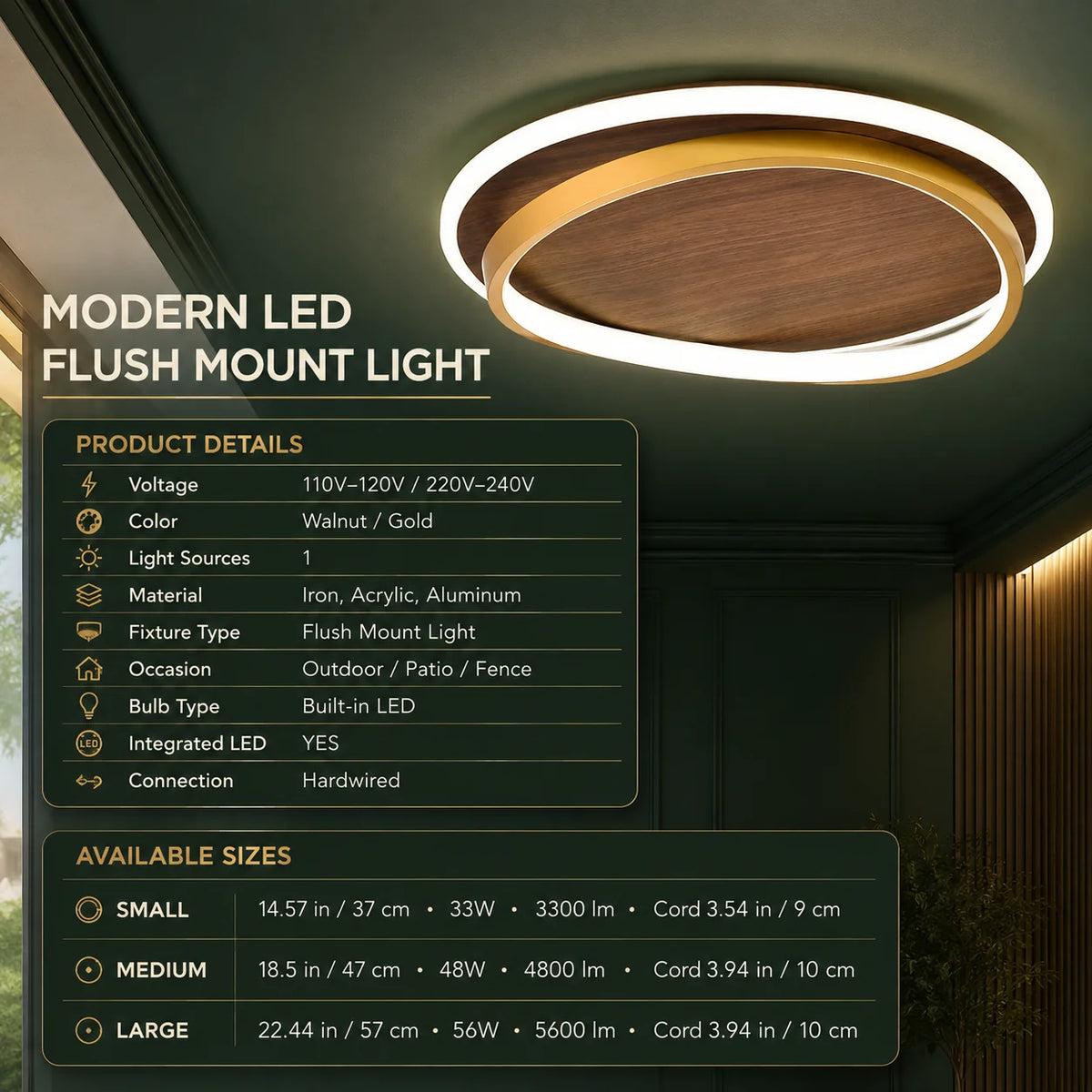 Flush Mount Ceiling Light Integrated LED Walnut Wood Grain