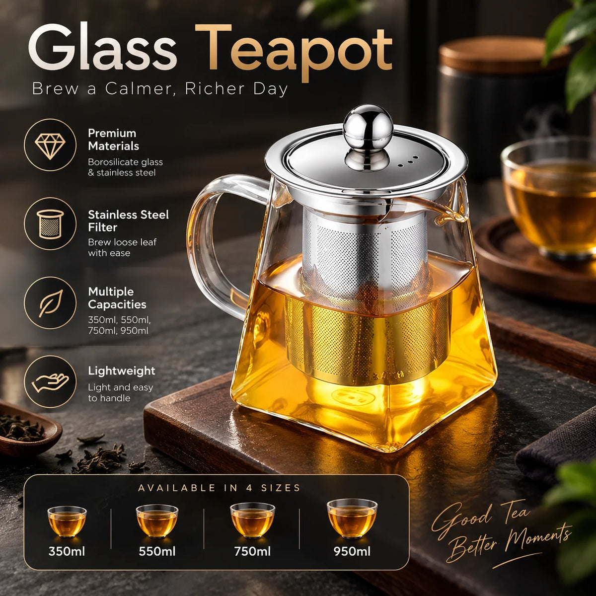 Glass Teapot Heat-Resistant Borosilicate Stainless Steel Infuser