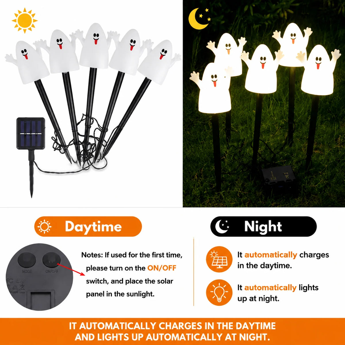 Halloween Solar Stake Lights Pumpkin & Ghost Set of 5 IP65 Outdoor-Rated