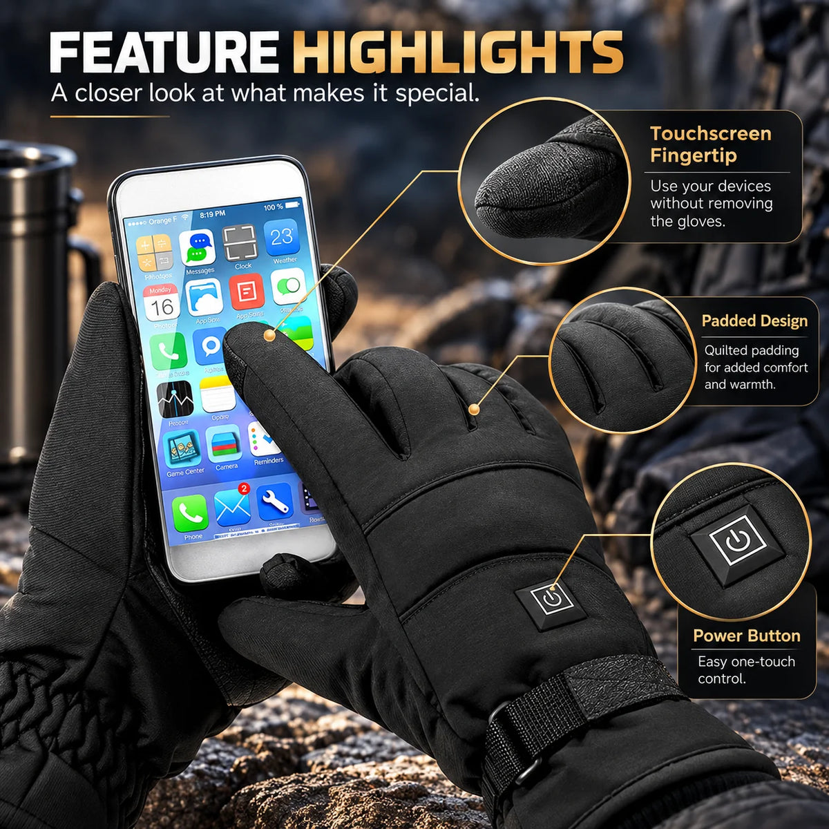 Heated Gloves Rechargeable Fleece-Lined Touchscreen & Grip
