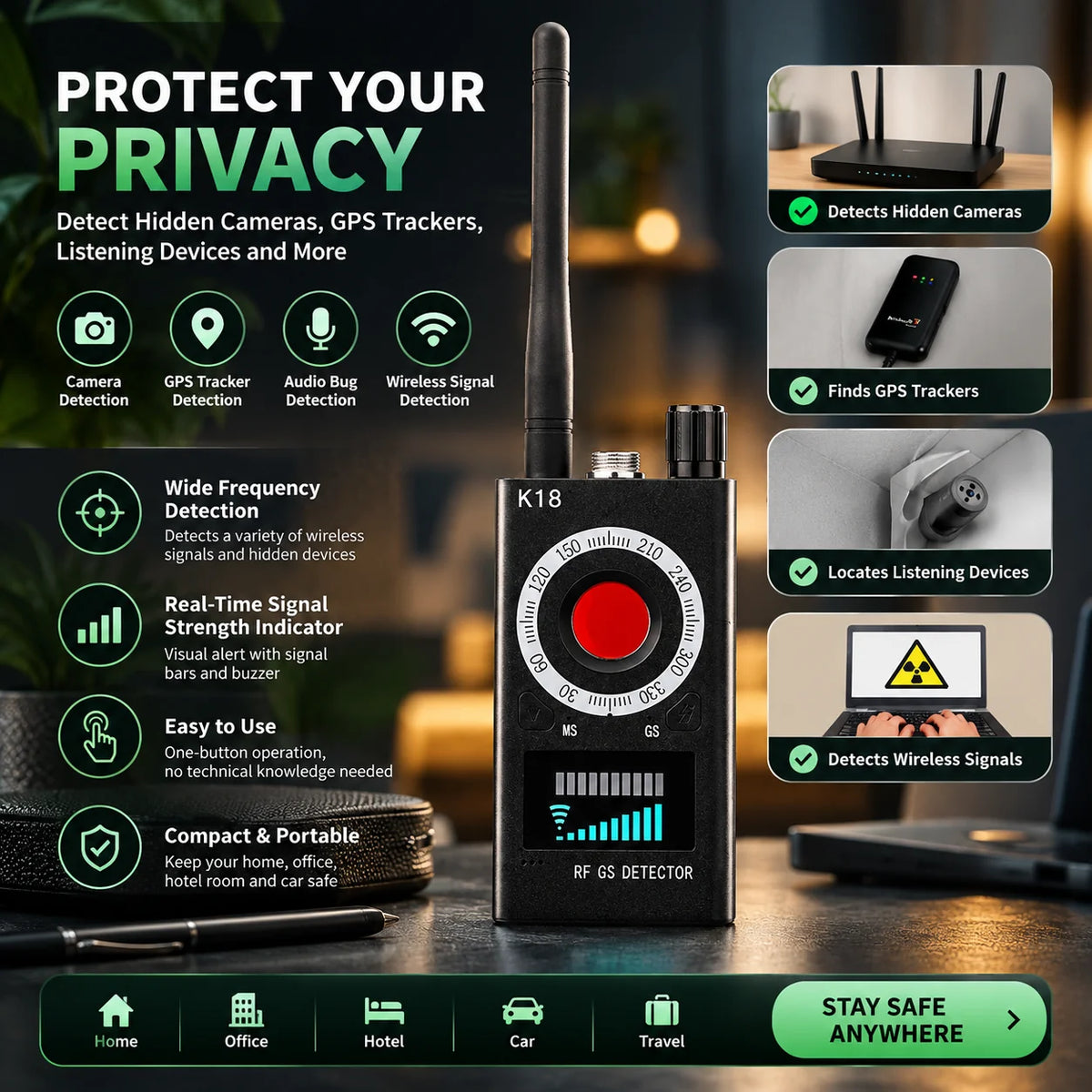 Hidden Camera Detector RF Scanner Laser Finder Magnetic Sensor
