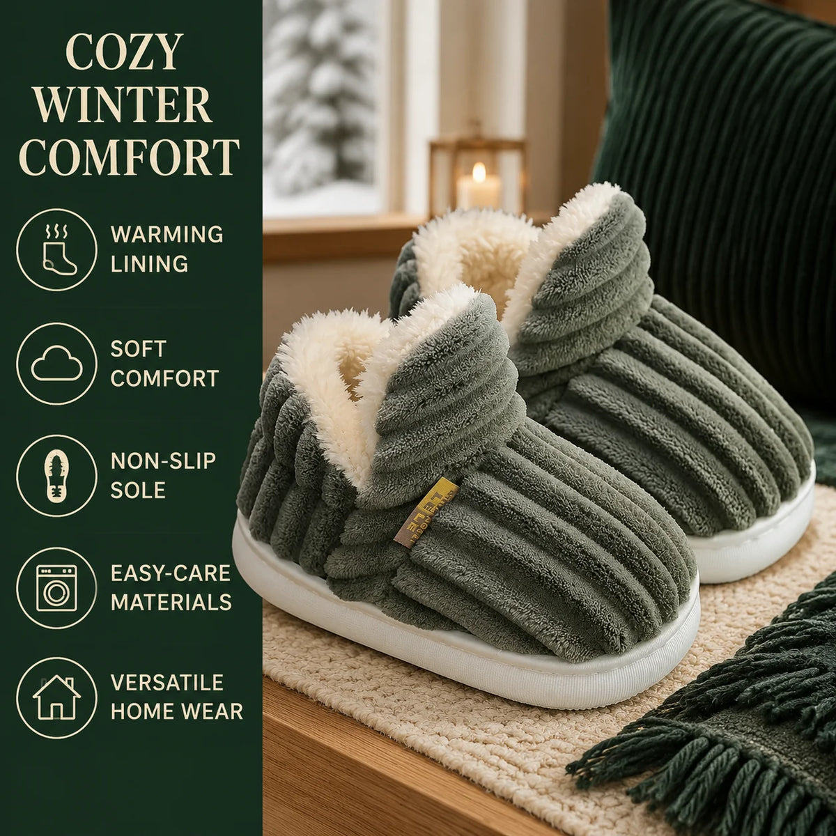 House Slippers Plush Lining & Textured Rubber Sole