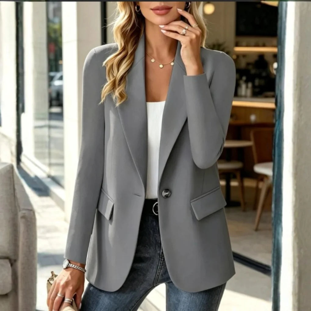 Long Blazer Lightly Tailored Notch Collar & Single Button