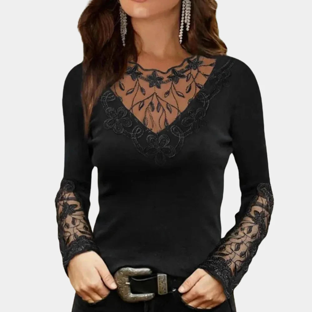 Long-Sleeve Top Sheer Lace Neckline & Tailored Stretch Fit
