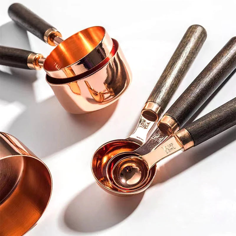 Measuring Spoons & Cups Set Stainless Steel Oak Handles