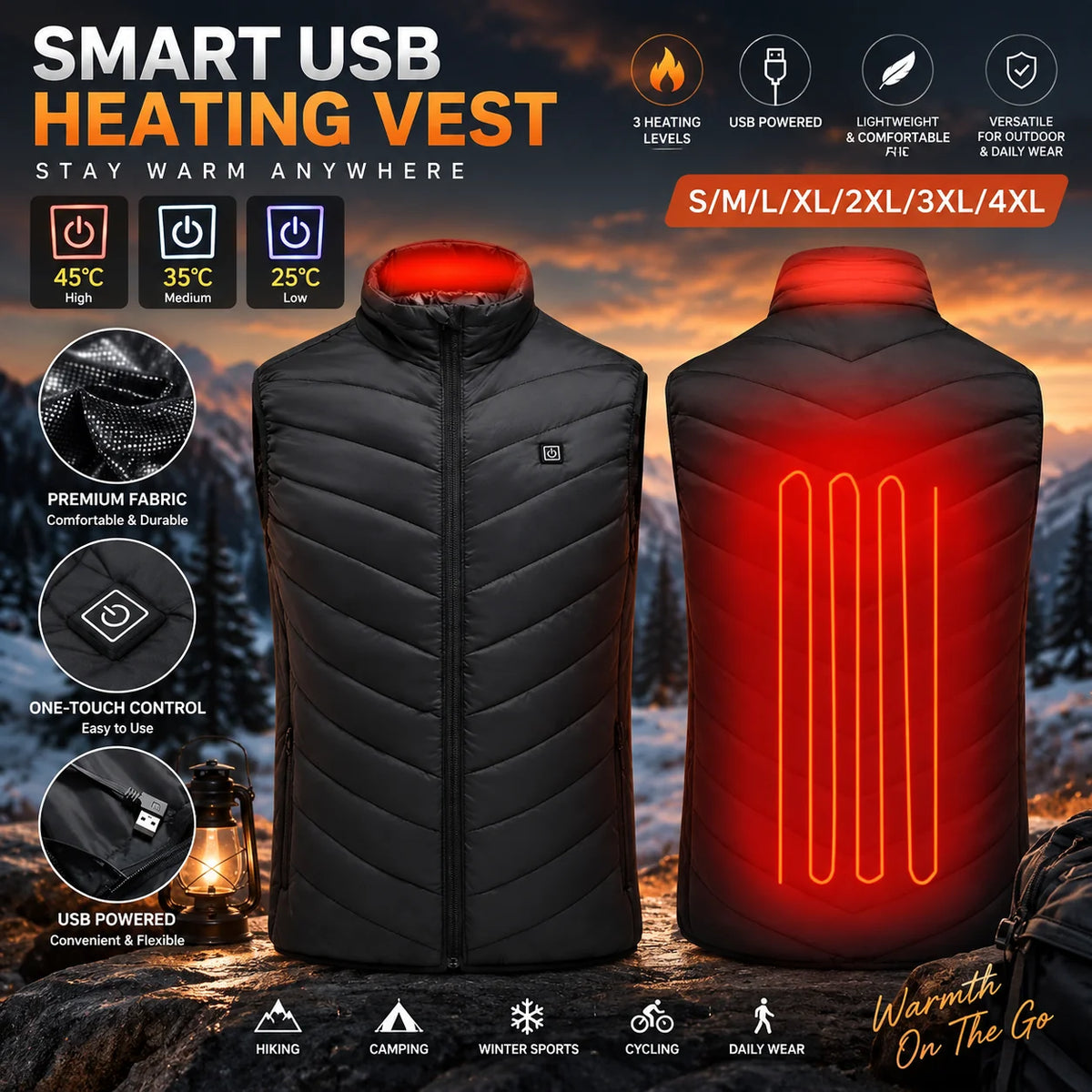 Men's Heated Vest USB-Powered Rapid Heating Wind-Resistant