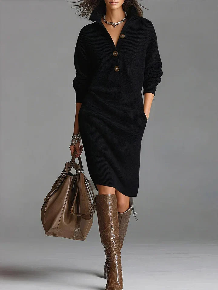 Midi Dress Button Neck Comfortable Fit