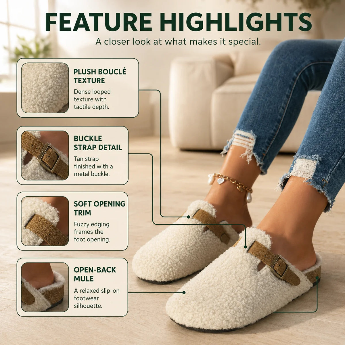 Mule Slippers Faux Shearling Suede-Look Upper & Rubber Outsole
