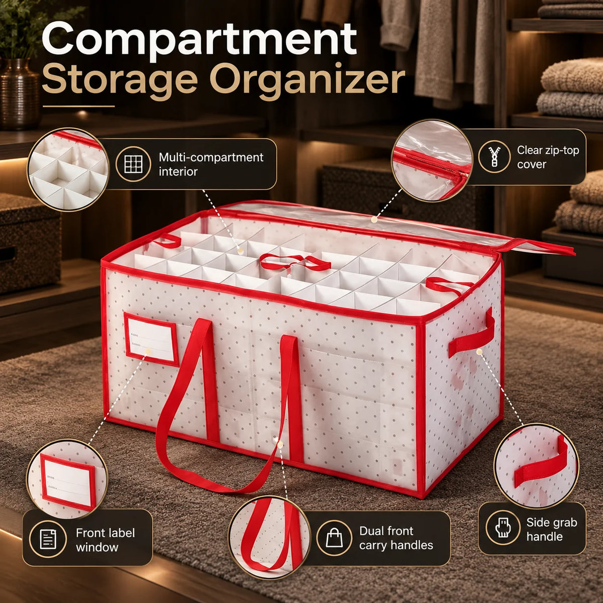 Ornament Storage Box Reinforced Plastic Double-Sided Zippered & Foldable