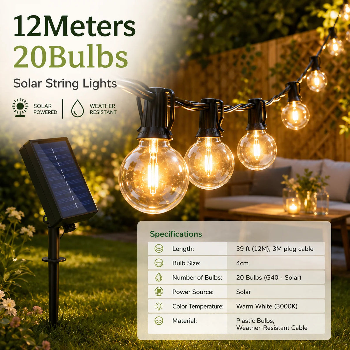 Outdoor String Lights Solar-Powered Warm White 39 Ft