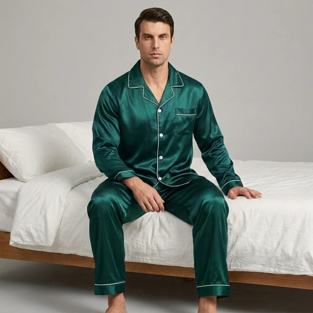 Pajama Set Satin Silk Button-Up Drawstring Waist