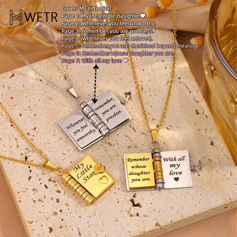 Pendant Necklace Book-Shaped Stainless Steel Tarnish-Resistant