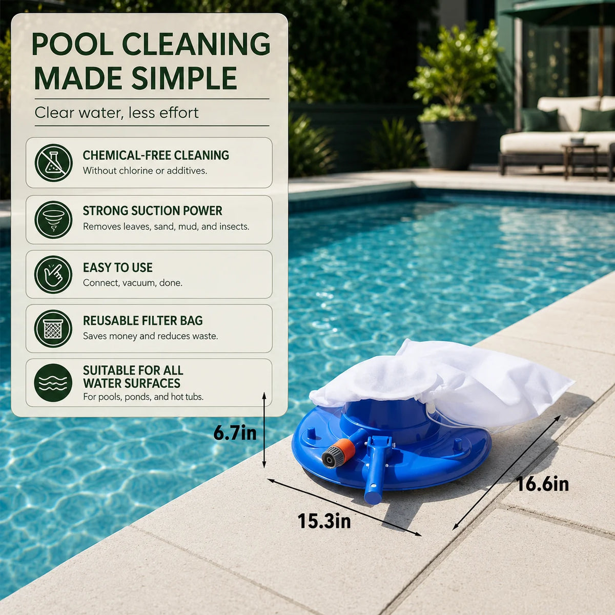 Pool Vacuum Hose-Powered Reusable Mesh Bag Above & Inground