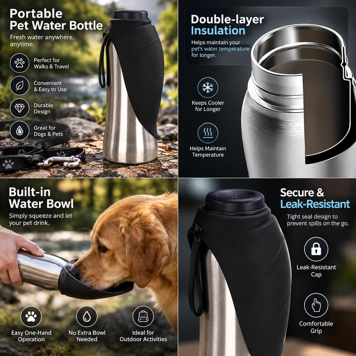Portable Dog Water Bottle Double Wall Stainless Steel