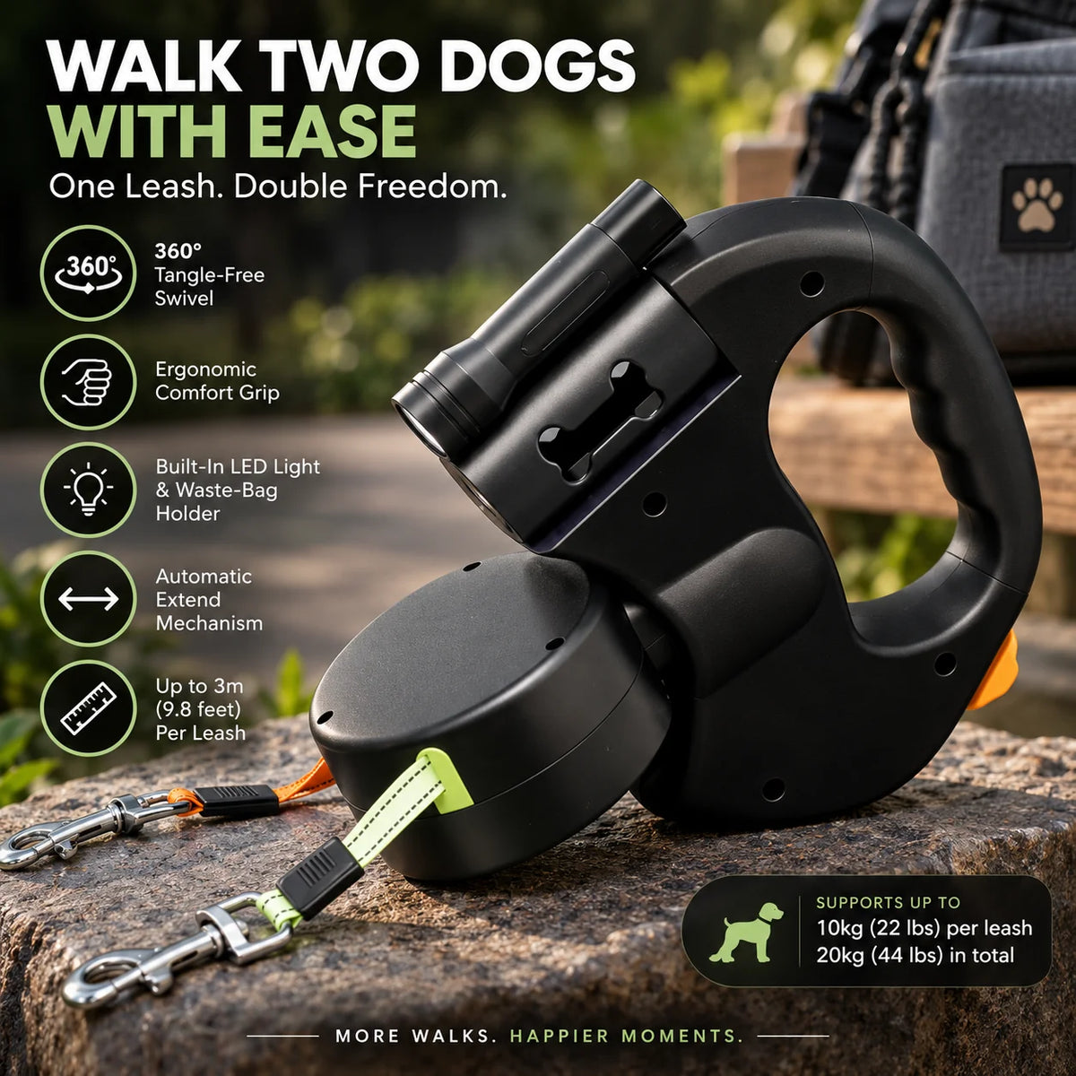 Retractable Dog Leash Dual Leads 360° Swivel LED Light