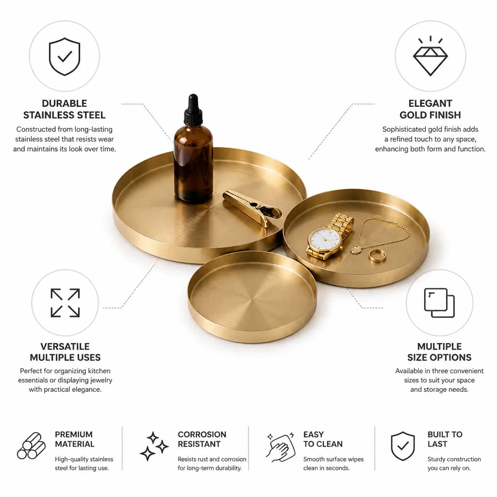 Round Organizer Tray Gold Finish Stainless Steel