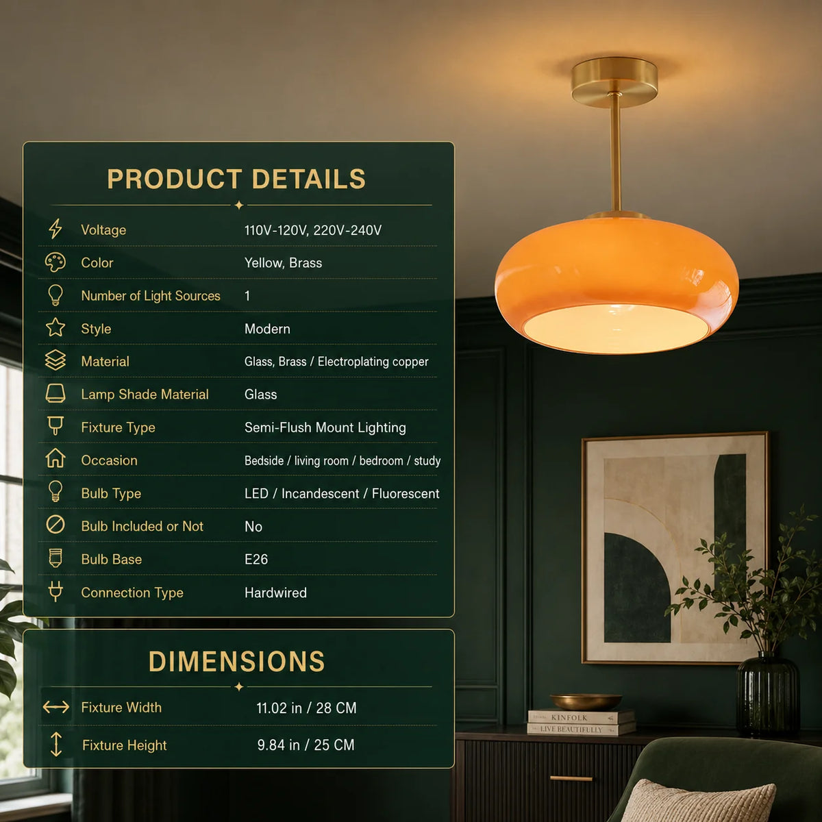 Semi-Flush Ceiling Light Amber Glass Brass & Copper