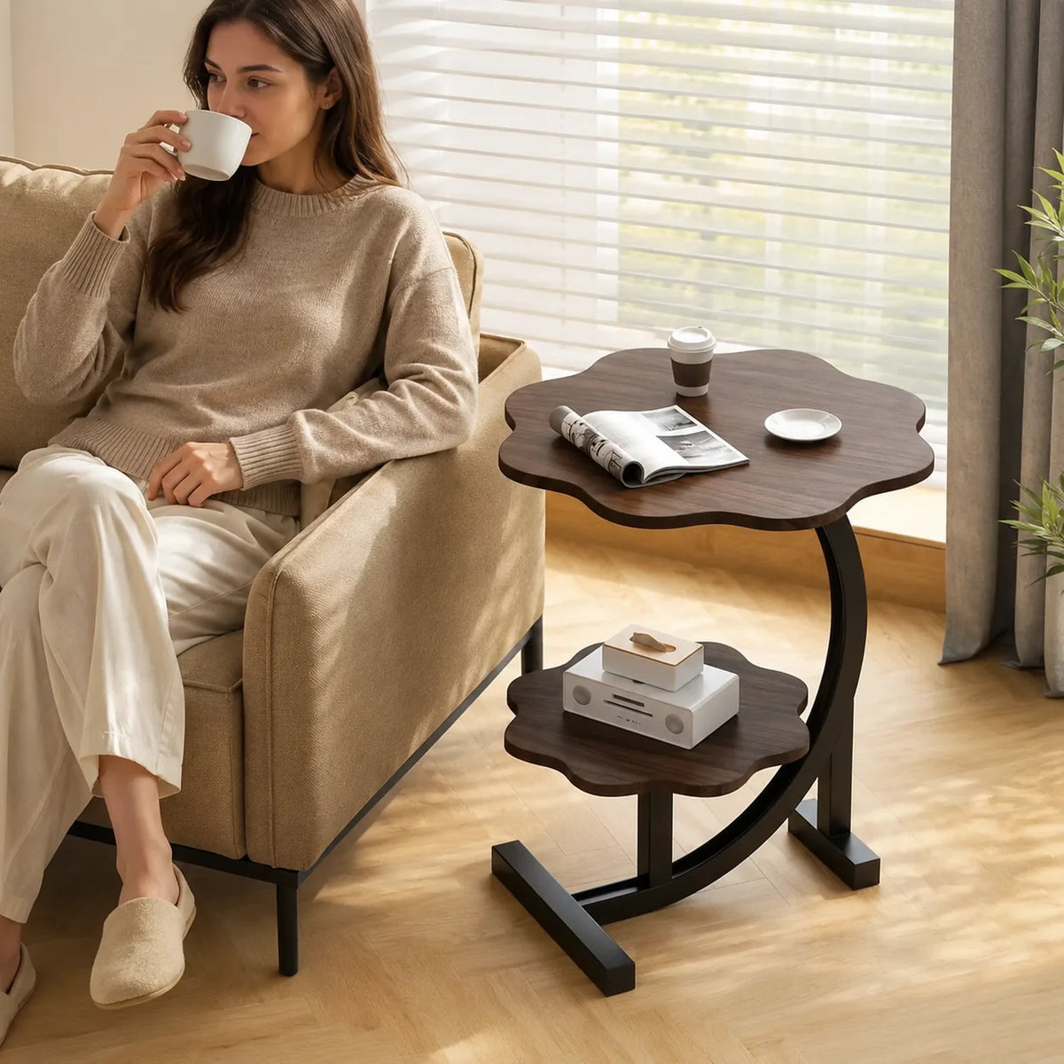 Side Table Two-Tier Wood-Finish Top Stainless Steel Frame