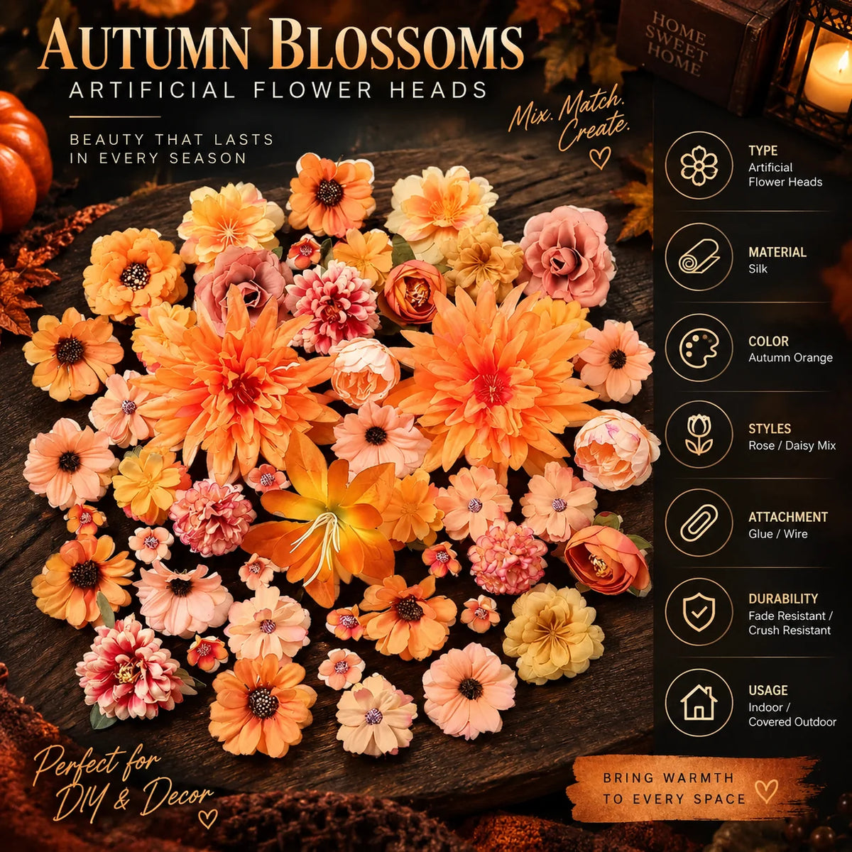 Silk Flower Heads Autumn Orange 48-Piece Reusable