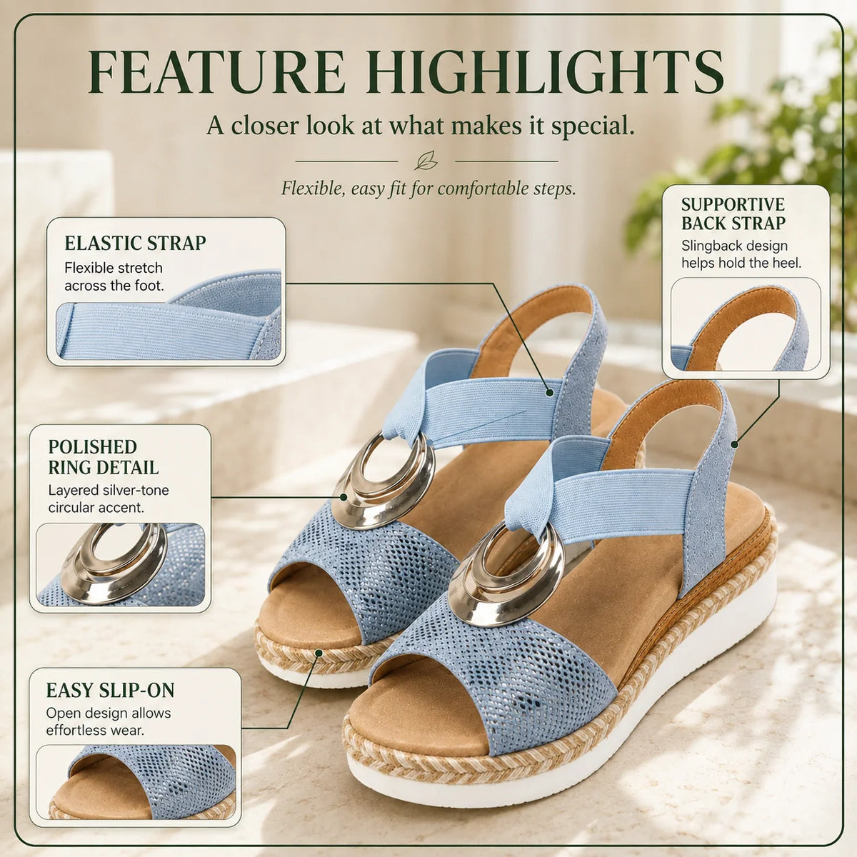 Slingback Wedge Sandals Elastic Straps & Rubber Outsole