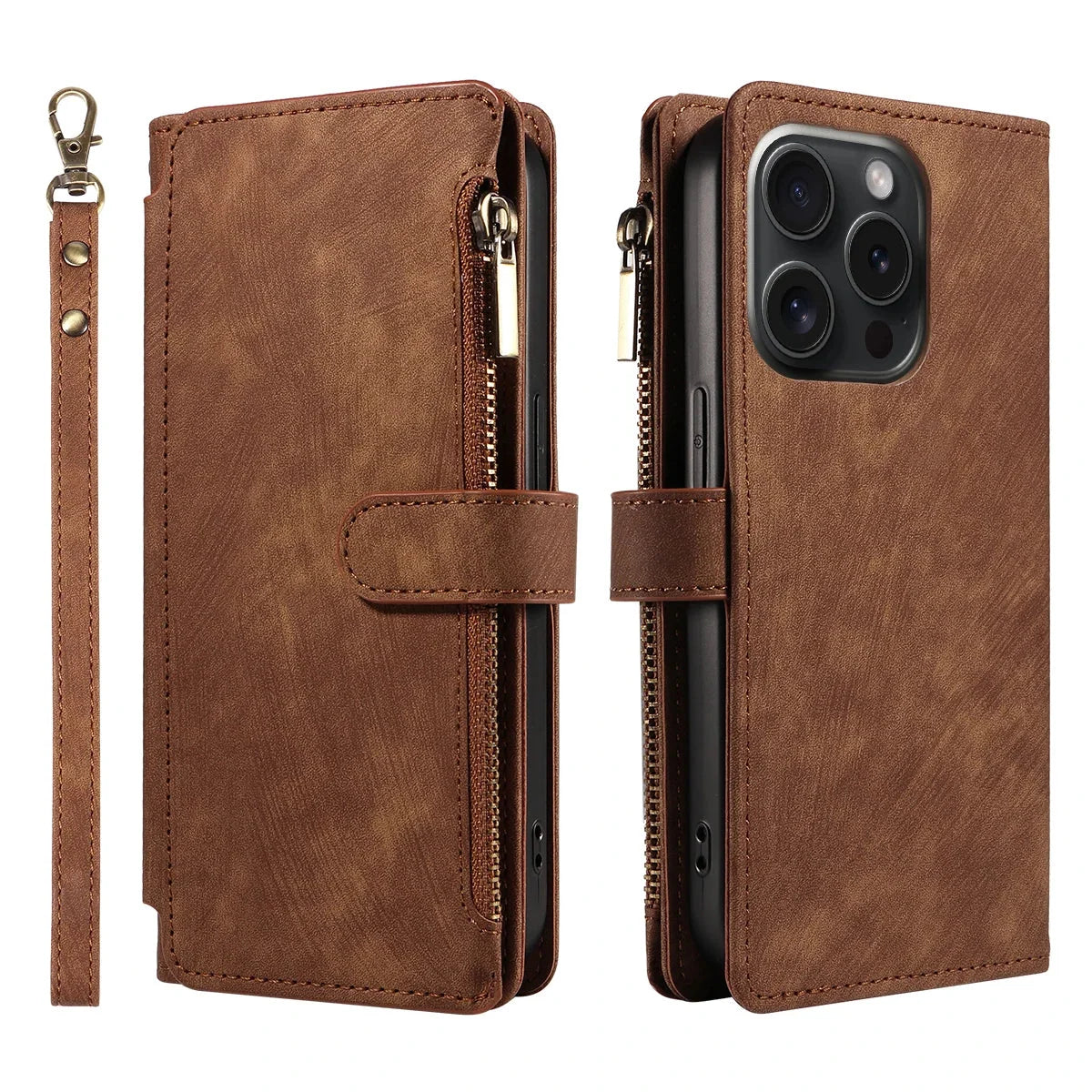 Smartphone Wallet Case Faux Leather Flip Cover Wrist Strap