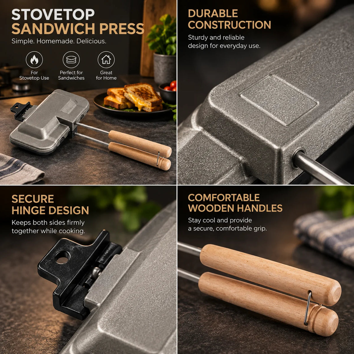 Stovetop Sandwich Maker Hinged Double-Sided Nonstick Aluminum & Wood Handle