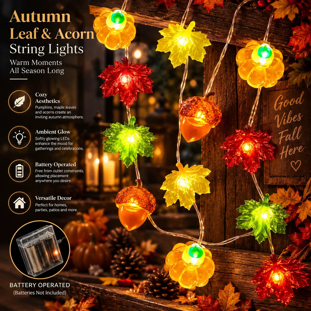 String Lights Pumpkin Leaf Acorn Warm White Battery-Operated