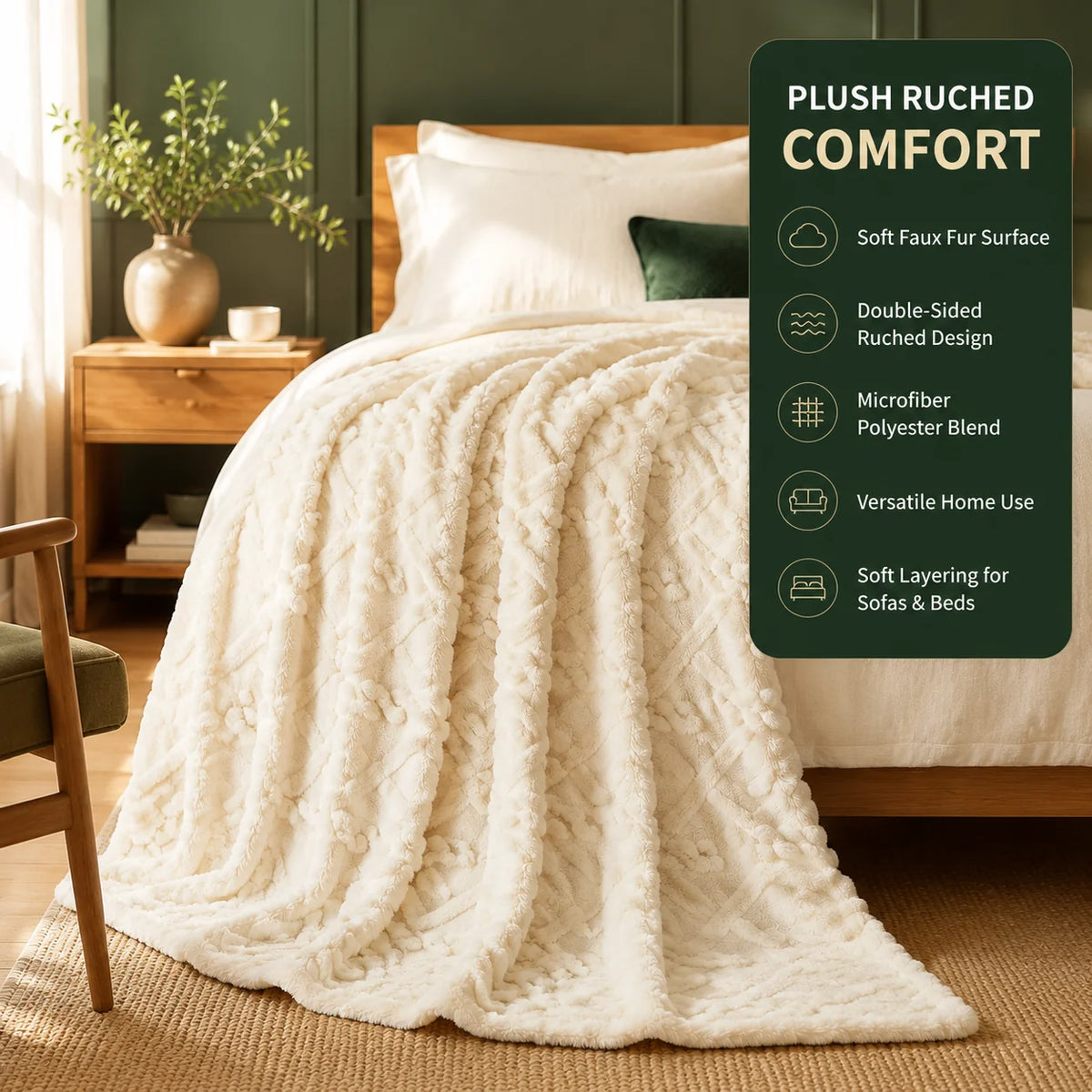Throw Blanket Ruched Faux Fur Microfiber Blend