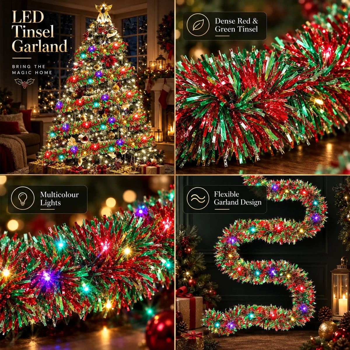 Tinsel Garland Battery-Operated Warm LED 16.4 Ft