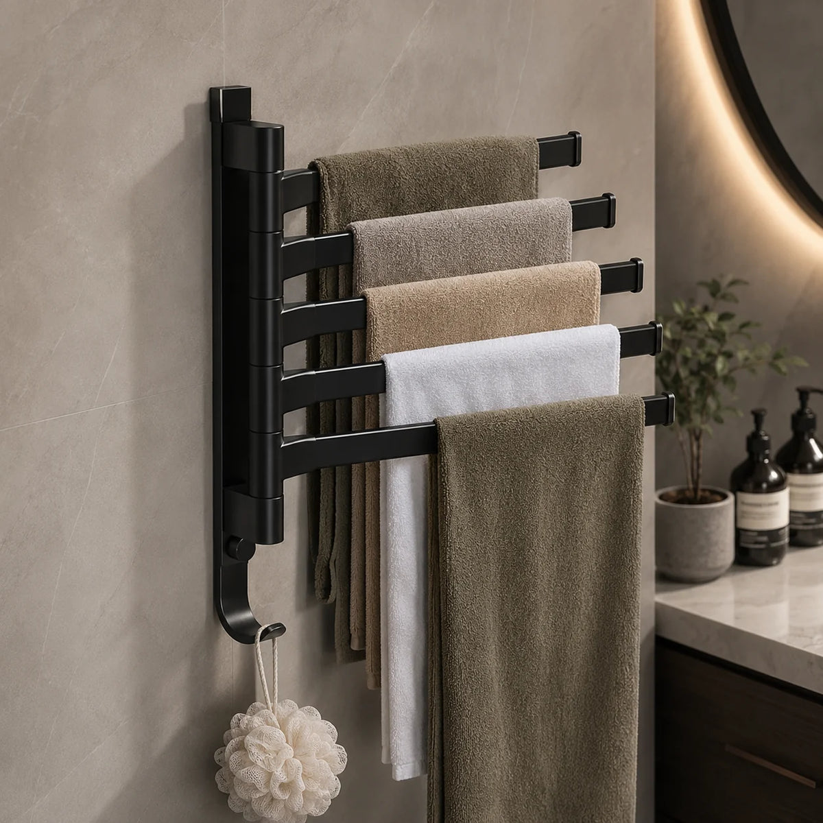 Towel Rack Wall-Mounted 5-Arm Swivel Matte Black