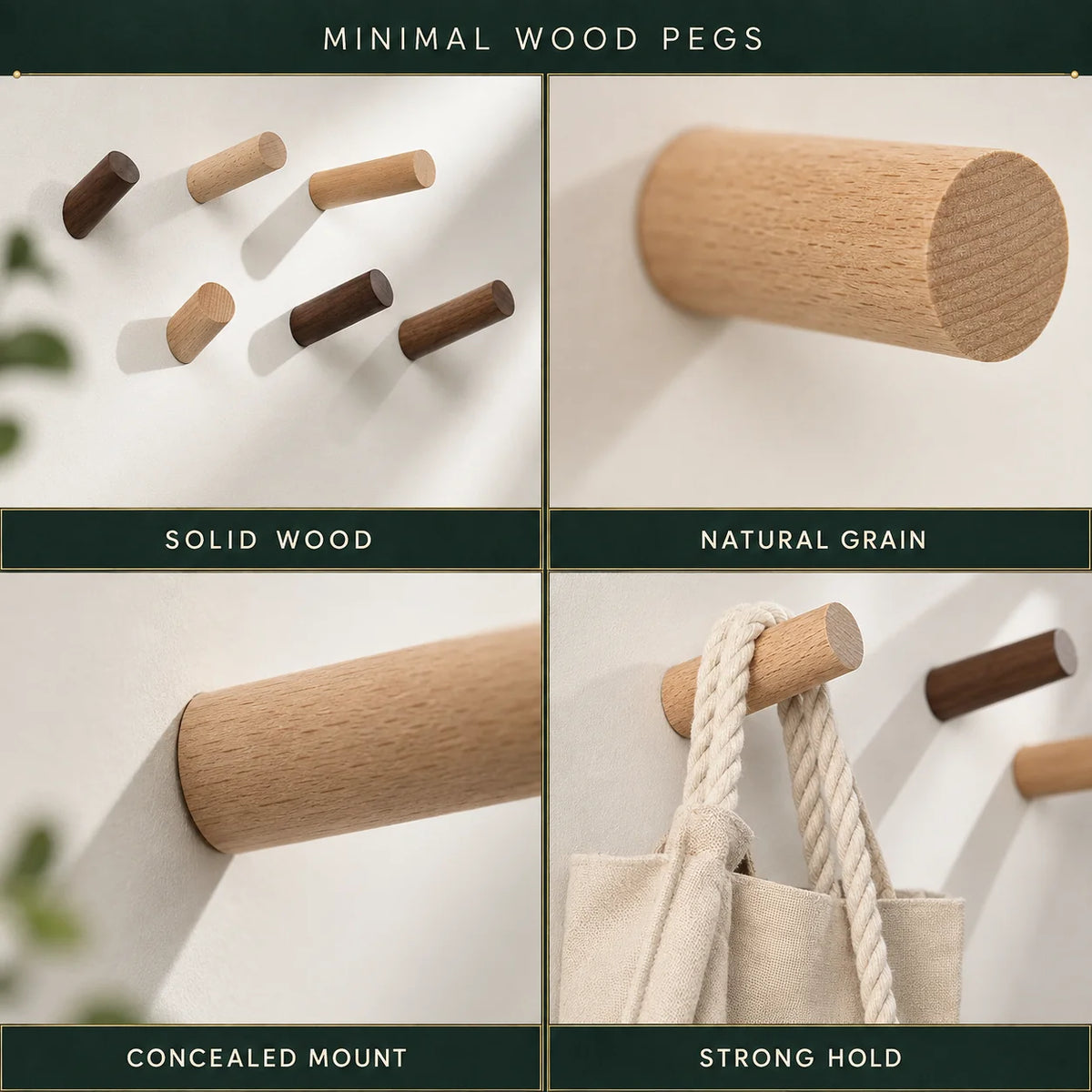 Wall Hooks Solid Wood Angled Set of 3