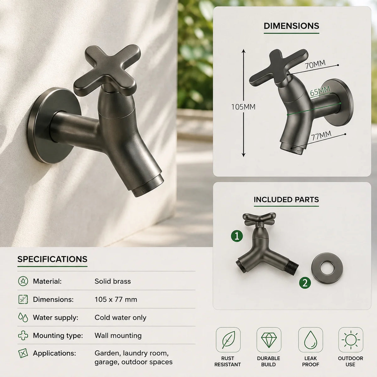 Wall-Mount Cold Water Faucet Solid Brass Corrosion Resistant